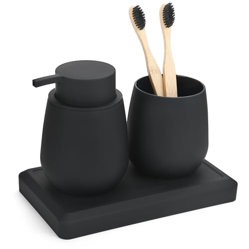 Black Bathroom Accessories Set, Modern 3 Pcs Bathroom Essentials - Soap Dispenser, Toothbrush Holder & Tray, Countertop Vanity Organizer (Black) - color: Black