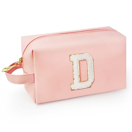 Personalized Initial Makeup Bag with Handle, Preppy Cosmetic Bag with Inner Zipper Pocket, 8 9 10 11 12 13 14 Years Old Girl, Graduation Gifts for Teen Girls Women Teachers (D, Pink) - color: Pink, style: D