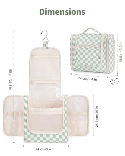 Narwey Travel Toiletry Bag for Women, Checkered Large Hanging Makeup Bag Organizer Cosmetic Make up Bags for Women, Travel Bag for Toiletries (Mint Green Checkerboard) - color: C-Mint Green Checkerboard, size: Large