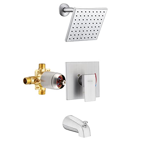 Esnbia Shower Tub Kit, Tub and Shower Faucet Set（Valve Included) with 6-Inch Rain Shower Head and Tub Spout, Single-Handle Tub and Shower Trim Kit,Brushed Nickel - color: Brushed Nickel, style: with tub spout
