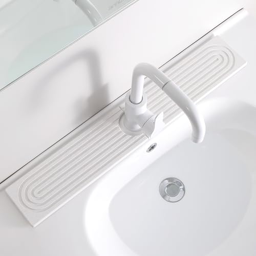 Diatomite Faucet Mat for Kitchen Sink, Quick-Dry Stone-Like Sink Mat, Flat Lay Absorbent Countertop Drying Mat for Faucet Area, Hard Diatomite Mat, White, 23.6 x 4 in - color: White