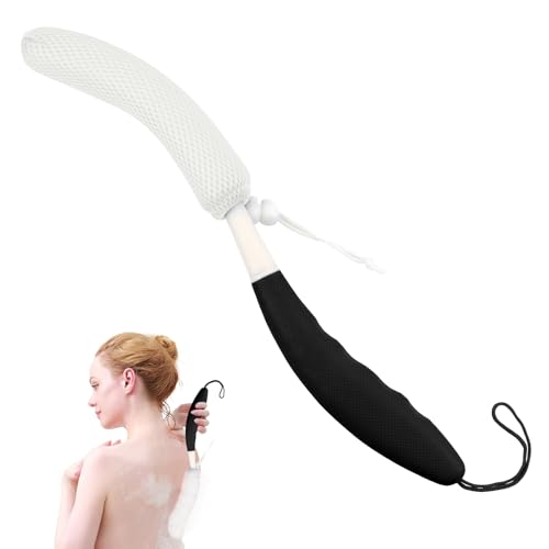 Shower Body Brush Skin Exfoliating Curved Back Scrub Brush Massage Bath Brush Extra Large Curved Handle European and American Hand-Shaped Removable Bold Long Handle Back Washer (Black-White) - size: Black+White Handle (Extra Large)