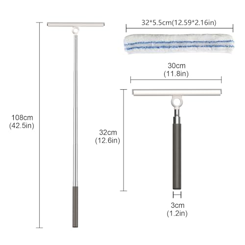 Shower Squeegee for Glass Doors, Telescopic 2-in-1 Squeegee for Window Cleaning with Microfiber Scrubber for Bathroom, Tile Wall, Car Windshield