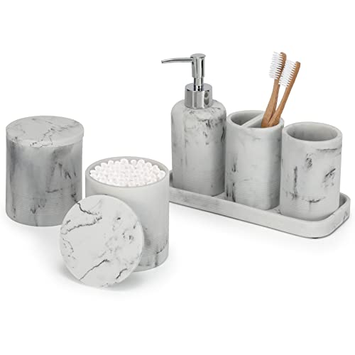 ZCCZ White Marble Bathroom Accessories Set 6 Pieces - Toothbrush Holder, Lotion Dispenser, Qtip Container, Vanity Tray, Tumbler - Countertop Organizer for Bathrooms - Elegant and Functional Décor Set - color: White Marble, size: 6pcs