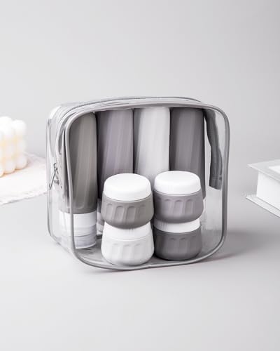 Mrsdry Travel Bottles for Toiletries 8 Pack, TSA Approved Travel Size Containers 3oz, Leak Proof Silicone Squeezable Creams Jars with Clear Travel Bag - color: Proper Gray, size: 3oz bottle 1oz jar