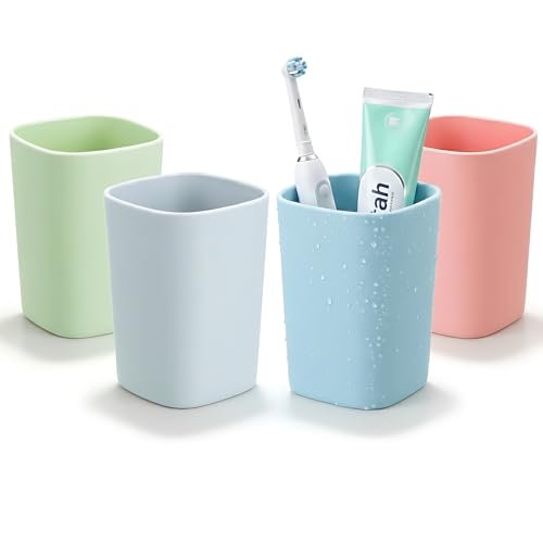 4PCS Bathroom Tumbler Toothbrush Cup, Unbreakable Reusable Drinking Cups, Plastic Mouthwash Cup Toothbrush Holders 330ml (Blue, Grey, Green, Pink)