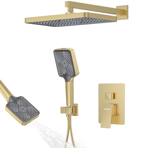 Shower System 13-Inch Rainfall Shower Head - 3 Setting Handheld Sprayer, Complete Bathroom Set with Faucet Mixer Trim Kit & Valve Brushed Gold - color: Brushed Gold, size: 13''