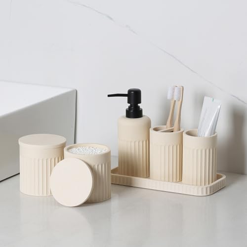 INIUNIK Bathroom Accessory Set - 6 Pieces Bathroom Accessories Set Complete with Soap Dispenser, Toothbrush Holders, Tumbler, Vanity Tray and 2 Qtip Holder for Home Organizer and Decor, Beige - color: Beige