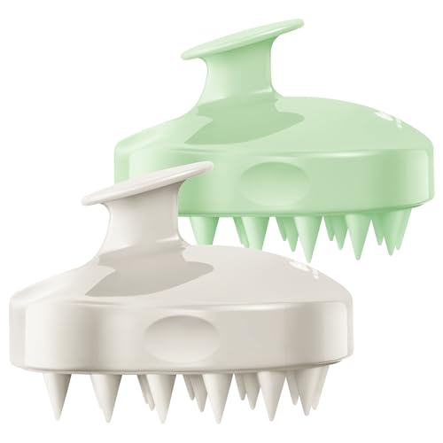 HEETA Scalp Massager Shampoo Brush 2 Pack, Soft Silicone Bristles to Remove Dandruff, Waterproof Scrubber for Wet Dry Hair, Suitable for Men & Women (Light Beige&Green) - color: Light Beige & Green
