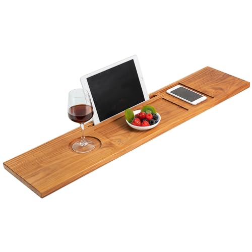 VaeFae Teak Bathtub Tray Table, Wooden Bath Board for Tub with Wine and iPad Holder - size: 34.3" x 7.8" x 0.8"