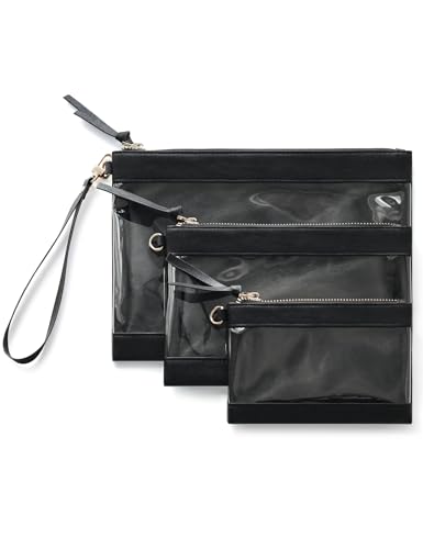 Popvibe Clear Makeup Bag for Traveling with Zipper Cosmetic Clear Travel Bag Organizer Pouches for Purse Clear Toiletry Bag Women Car Essential Bag Transparent Make Up Bag Set 3Pack, Black - color: Black