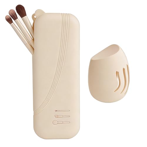 Large Silicone Makeup Brush Bag and Sponge Holder Set, Portable Snap Closure Cosmetic Bag, Soft Reusable Cosmetic Display Case for Travel Daily Use (Beige) - color: Beige