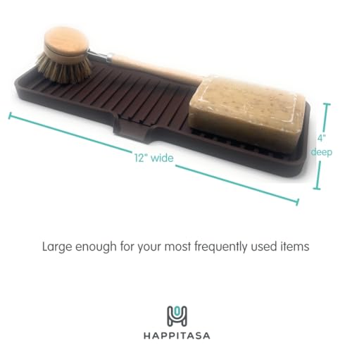 Silicone Soap Dish Tray and Sponge Holder with Drain Chute, Rectangular, Kitchen and Bathroom Sink Organizer (Dark Chocolate, 12"x4") - color: Dark Chocolate, size: (LG) 12"x4"