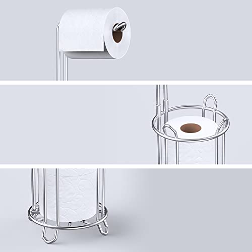 Meangood Toilet Paper Holder Stand and Tissue Paper Roll Dispenser for 4 Mega Rolls, Bathroom Free Standing Tissue Roll Storage Holder Rack, Metal Wire Silver - color: Silver