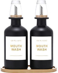 11.8OZ Glass Mouthwash Dispenser for Bathroom with Stainless Steel & Bamboo Nozzle, Mouthwash Cup Reusable, Bamboo Tray, and Elegant Gold Sticker.Set of 2（Black - color: Black/350*2