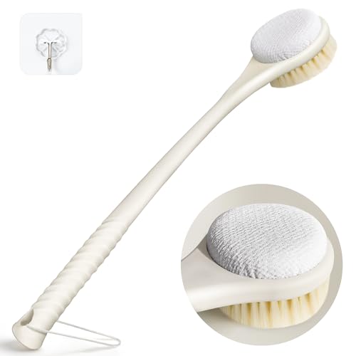 Back Scrubber for Shower with Long Handle, Dual-Sided Bath Brush with Soft Bristles & 150D Exfoliating Cloth, Anti-Slip Grip, Lightweight Back Washer for Shower, Men & Women (Light Yellow) - color: Light Yellow
