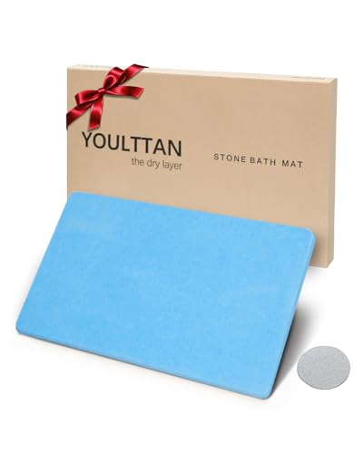 Stone Bath Mat 24"x16" - Diatomaceous Earth Shower Mat, Quick Dry, Anti-Slip, Modern Design with Bonus Non-Slip Pad - Perfect for Home Safety and Style, (Blue) - color: Blue