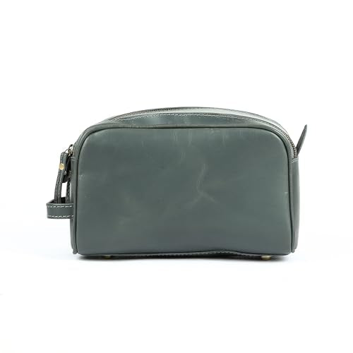 KomalC Leather Toiletry Bag for Men & Women – Handcrafted Travel Grooming Kit with Water-Resistant Lining and Secure Zipper Closure - style: 1 Zip Classic Grey
