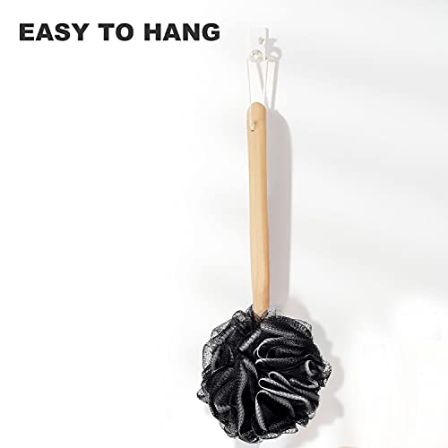 Loofah with Handle - Back Scrubber & Exfoliating Shower Sponge, PE Soft Mesh on a Wooden Stick for Men and Women(Black) - color: Black