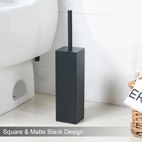 Matte Black Square Stainless Steel Toilet Brush with Holder, 304 Modern Toilet Brush Set – Rust Resistant, Long Handle, Replacement Heads, Floor Standing Bathroom Toilet Cleaning Brush - color: Matte Black-square