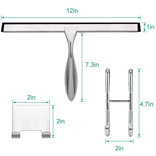 Shower Squeegee for Glass Doors,12-Inch Shower Glass Squeegee, Sliver Shower Squeegee for Shower Doors,Mirror,Windows, with Shower Door Hook and Adhesive Hook - color: Sliver, size: 12-Inch
