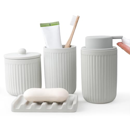 BosilunLife Light Grey Bathroom Accessories Set - Ceramic Bathroom Counter Soap Set Bathroom Decor Sets Accessories Bathroom Foam Soap Dispenser and Toothbrush Holder Set, Soap Dish, Apothecary Jars - color: Light Grey-foam