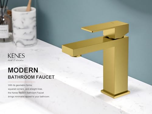 KENES Brushed Gold Bathroom Faucets, Modern Single Hole Lavatory Vanity Faucet, Single Handle Bathroom Sink Faucet Gold, with Pop Up Drain & Water Supply Hoses LJ-9031-4 - color: Gold, size: Short