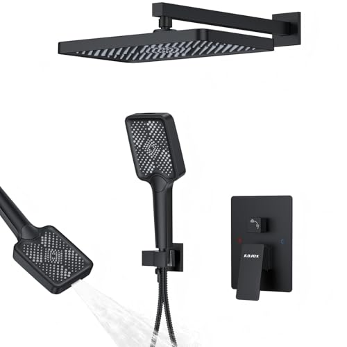 Matte Black 13-Inch Rainfall Shower System - Premium Shower Head & Handheld Sprayer, Complete Bathroom Set with Faucet Mixer Trim Kit & Valve - color: Matte Black, size: 13''