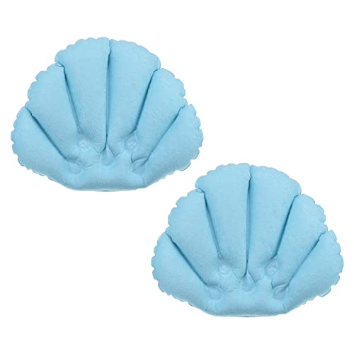 PATIKIL Inflatable Bath Pillow with Suction Cups, 2 Pack Terry Cloth Covered Shell Shape Bathtub Spa Pillow Neck Support for Bathtub Hot Tub, Blue - color: Blue