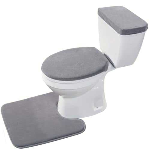 Madeals Velvet Toilet Lid Cover and Tank Lid Cover with Toilet Mat Memory Foam 3 Piece Toilet U Shaped Mat Set Grey - color: Grey