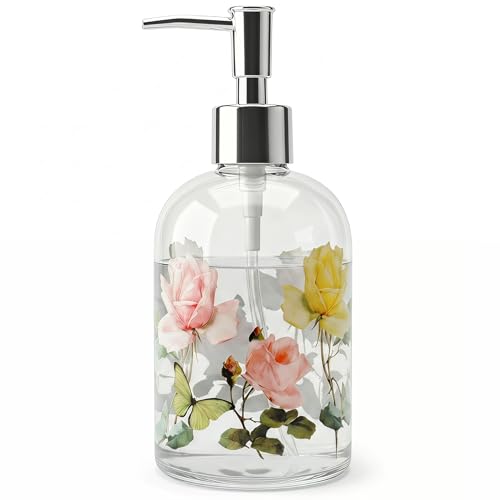 Topadorn 17oz Glass Soap Dispenser with Pump, Refillable Hand Soap Dispenser for Bathroom & Kitchen, Vintage Rose & Butterfly Floral Design, Decorative Farmhouse Countertop Decor - color: Yellow Flower