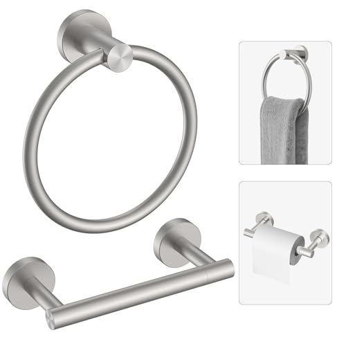 Toilet Paper Holder & Towel Holder, Bathroom Hardware Set-SUS304 Stainless Steel Double Post Pivoting Tissue Roll Holder and Hand Towel Ring Set for Bathroom, RV, Brushed Nickel - color: Brushed Nickel
