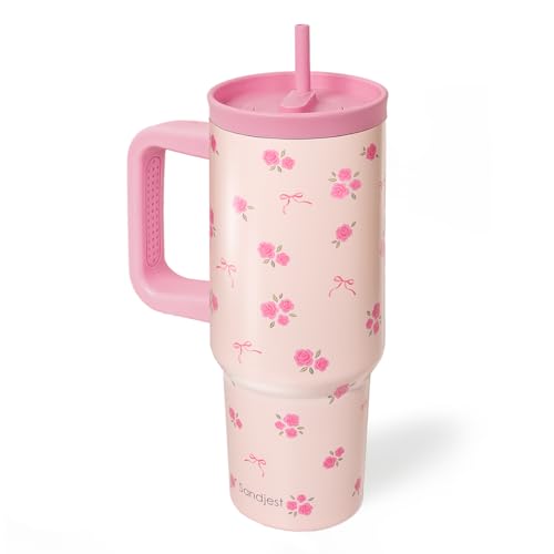 SANDJEST Rose Stainless Steel Locking Lid Silicone Straw Tumbler with Handle 40oz, Floral Insulated Stainless Steel Travel Cup for Women Girls Friends, Gift Idea for Birthday Christmas - color: Rose