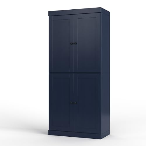 Palace Imports Solid Wood Tall Bathroom Pantry Cabinet with 4 Shaker Doors & Adjustable Shelves, Navy Blue - 100% Eco-Friendly, Renewable, Space-Saving Storage, 71.5" H x 32" W, Made in Brazil - color: Navy Blue