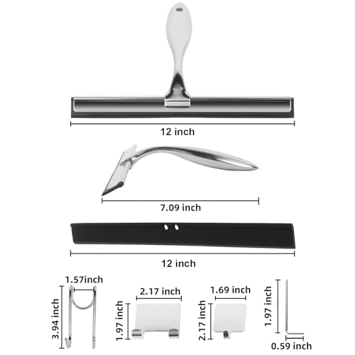 All-Purpose Stainless Steel Shower Squeegee Come with S Hook, 2 Square Sticky Hook 2 Rubber Strips Shower Squeegee for Glass Doors, Windows, Mirrors, Tiles and Car Glass -12 Inches Silver - size: 12"Wx 7.09"H