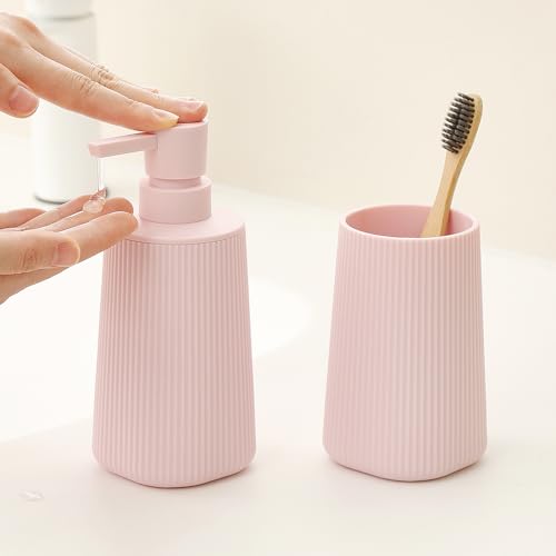 YAUKPH Bathroom Accessories Set 2 Piece Soap Dispenser and Toothbrush Holder for Bathroom Countertop Striped Pink - color: Striped Pink
