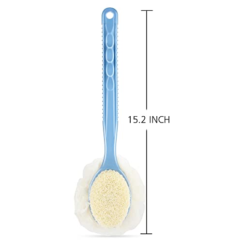 Shower Body Brush with Bristles and Loofah,Back Scrubber Bath Mesh Sponge with Curved Long Handle for Skin Exfoliating Bath, Massage Bristles Suitable for Wet or Dry, Men and Women (Blue) - color: Blue