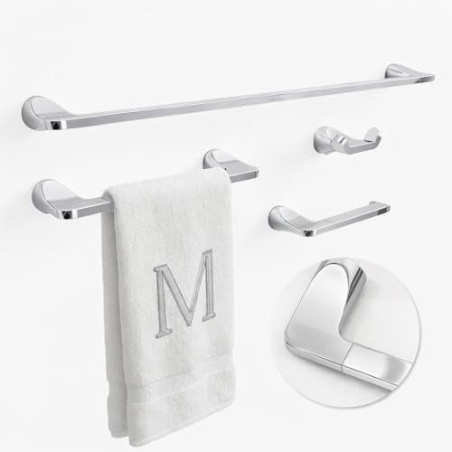 Mega Handles Bathroom Towel Holder Set - 4 Pieces Bathroom Accessories Sets - Heavy Duty Bathroom Accessory Set, 25'' Towel Bar, Robe Hooks & Toilet Paper Holder Wall Mounted - Polished Chrome Suite - color: Polished Chrome