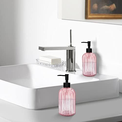 Pack of 2 Glass Soap Dispenser with Black Pump, 400 ml Refillable Pump Dispenser for Kitchen, Bathroom, Laundry Room, Liquid Glass Bottle for Washing Up Liquid, Shampoo, Conditioner (Pink) - color: Pink