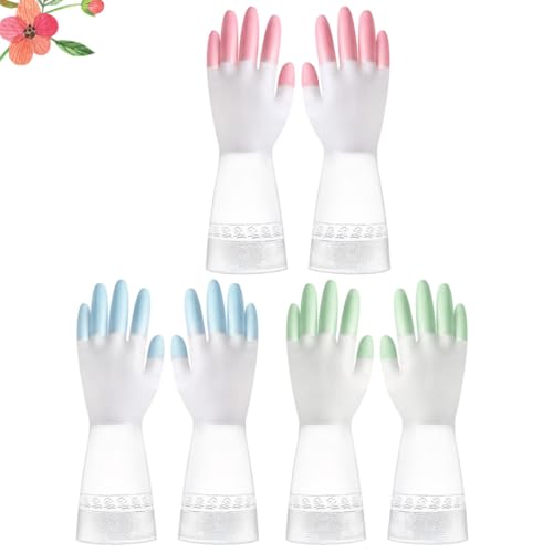 TEHAUX Waterproof Anti-slip Cleaning Gloves 3 Pairs Set for Kitchen and Toilet Household Use, Non-slip Home Gloves in Pink, Green, Blue, Size M