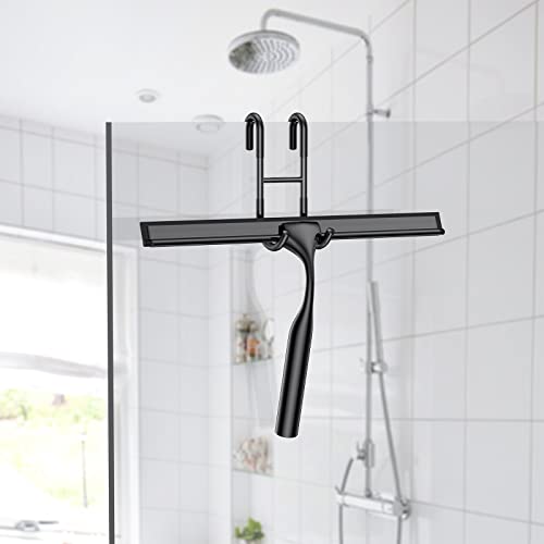 Black 14-Inches Stainless Steel Shower Squeegee Set, Include Shower Door Hook, Adhesive Hook and Spare Silicone Blade, Window Squeegee for Shower Glass Door, Bathroom, Mirror, Window and Car Glass - color: Black, size: 14-inch