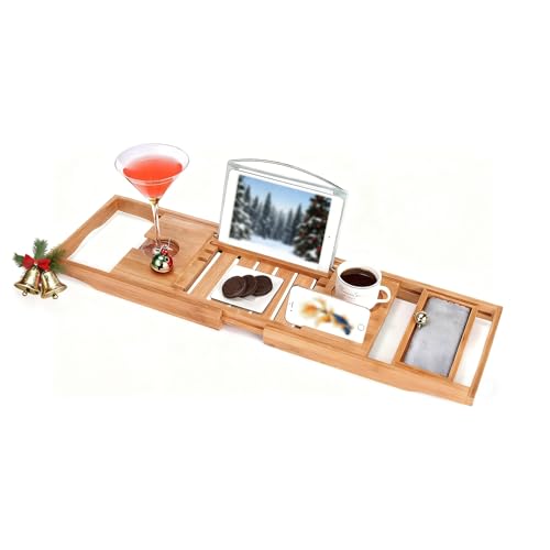 Utoplike Bamboo Bathtub Caddy Tray Bath Tray for Tub, Adjustable Bathroom Bathtub Organizer with Book Tablet Wine Glass Cup Towel Holder - color: Natural