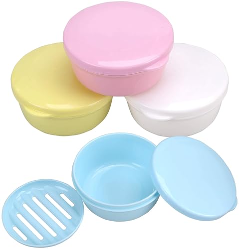 Round Travel Soap Case - 4 Pack Shampoo Bar Holder, Travel Soap Container | with Lid for Camp, Gym, Hiking - Keeps Toiletries Organized - color: Blue,white,pink,yellow