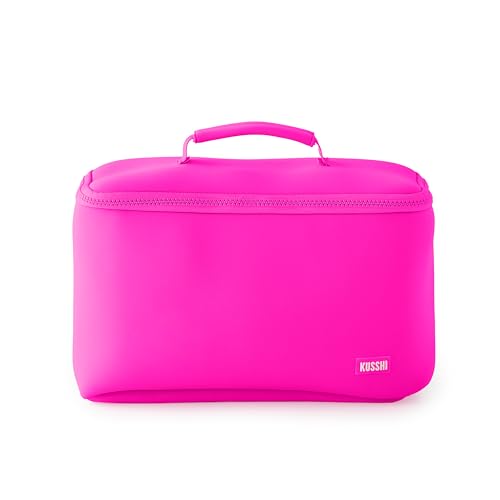 KUSSHI Neoprene Train Case Makeup Bag - Washable Makeup Travel Bag & Vanity Case for Stress Free Travel (Large, Pink/Indigo) - color: Pink/Indigo, size: Large