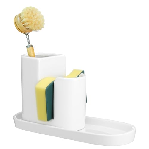 Geelin 3 in 1 Ceramic Kitchen Sink Caddy Dish Sponge Holder Scrub Brush Holder and Soap Tray for Kitchen Organizer White Rustic Farmhouse Supplies(White) - color: white