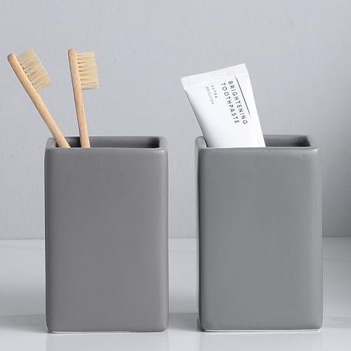 Grey Square Toothbrush Holders for Bathrooms - 2 Cups Ceramic Toothbrush Toothpaste Holders Set, White Square Bathroom Tumbler Cups Reusable Toothbrush Mouthwash Cup, Bathroom Counter Organizer. - color: Grey, size: 2pcs