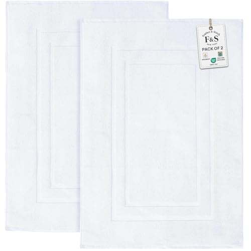 Feather & Stitch 2 Piece Towel Like Bath Mats (30x21 Inch) 100% Cotton Terry Bath Mats, Bathroom Shower Floor Mats [NOT A Bathroom Rug], Soft Absorbent Washable Mats - White - color: White