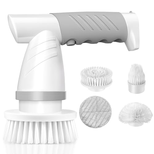 Electric Spin Scrubber, Bathroom Shower Electric Scrubber for Cleaning Tub/Tile/Floor/Sink/Window, Power Cleaning Brush Rechargeable Cordless with 4 Replaceable Cleaner Brush Heads - color: 01 Classic Grey