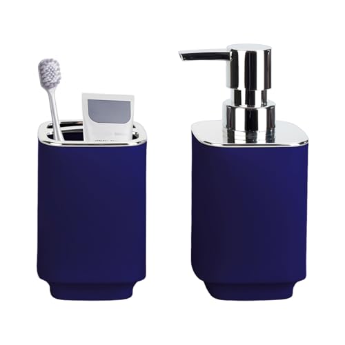 Navy Blue Bathroom Accessories 2 Pieces, Soap Dispenser and Toothbrush Holder Set for Boho Bathroom - color: Navy Blue, size: 2PCS