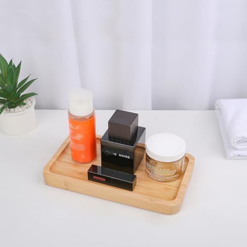Natural Bamboo Vanity Tray Bathroom Tray Smooth and Thick Wooden Tray for Perfume Cotton Swabs Balls Candles Cosmetics Jewelry Makeup - size: 8" x 4.5" x 0.7"